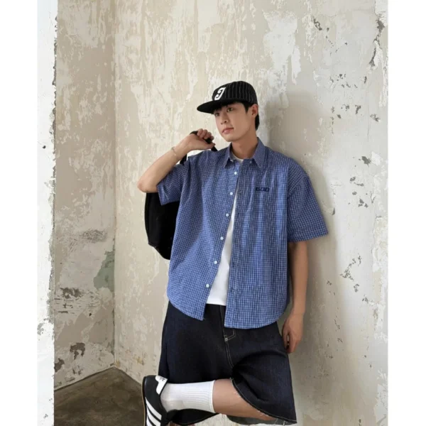 Retro Blue Check Plaid Shirt